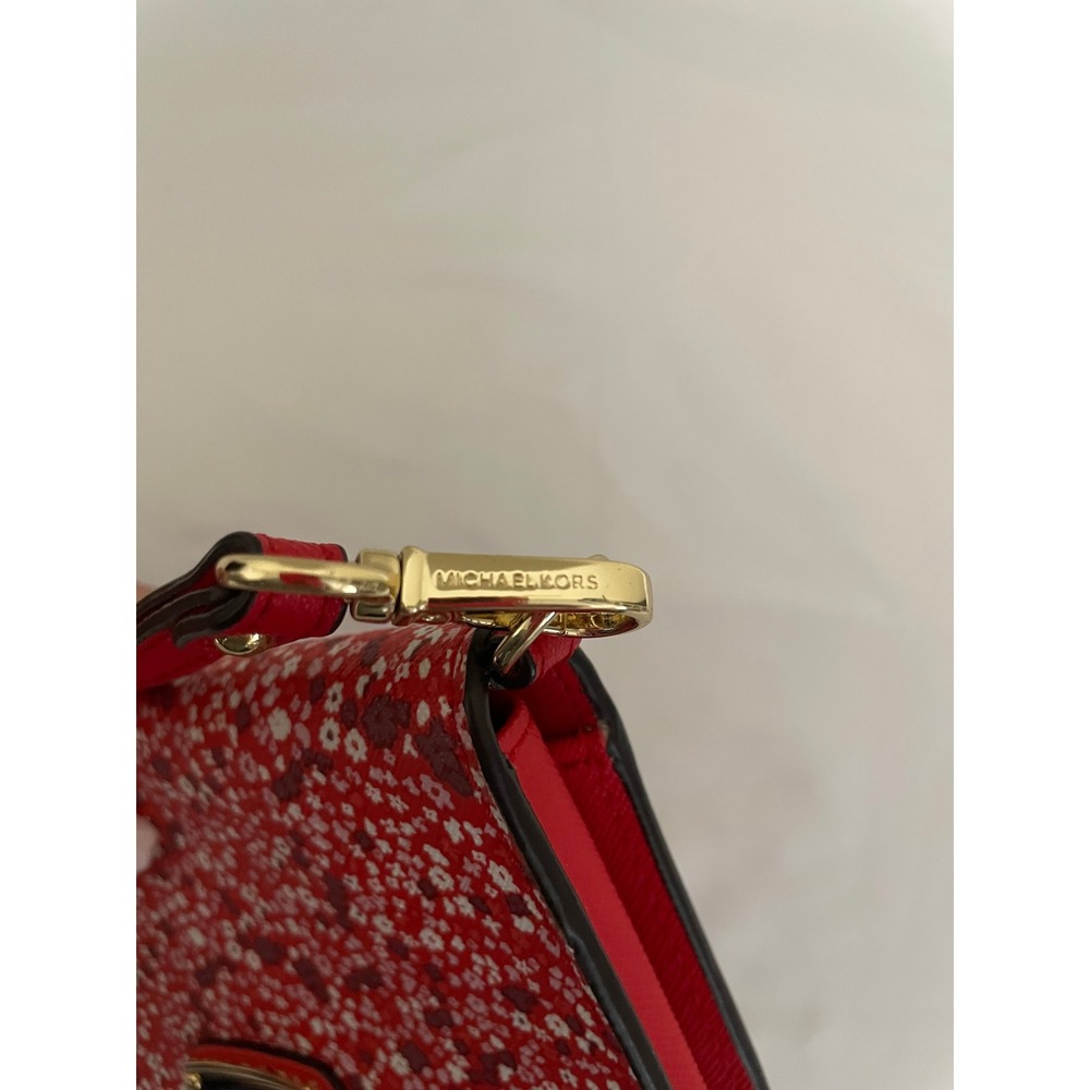 Michael Kors Red Floral Saffiano Leather Wristlet Wallet Gold Hardware Snap#651 - Picture 4 of 9